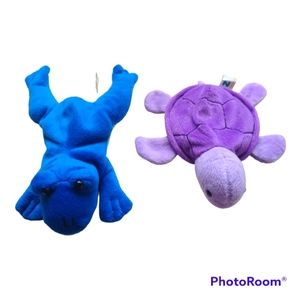 2 VTG Zangeen soft Beanie Plush stuffed Blue Frog -1996 purple tortoise -1996